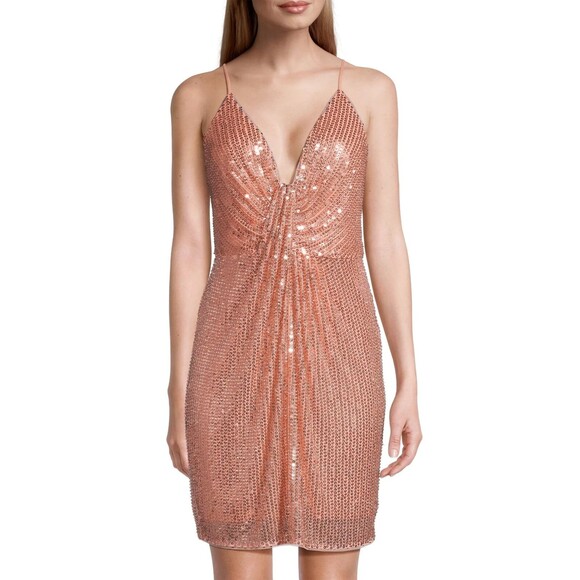 Liv Foster women Draped Beaded Sequin Short Mini Dress size 2 Peach Strappy $275 - Picture 2 of 12